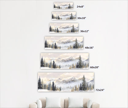 A series of landscape paintings depicting snowy mountains and pine trees, each with a different size ranging from 24" to 72" wide.