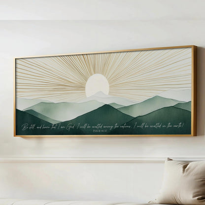 Be Still - I Will Be Exalted, Green Gold Sun Boho Modern Art, Scripture Psalm 46:10, Mountains Landscape Framed Canvas Artwork, Sunrise