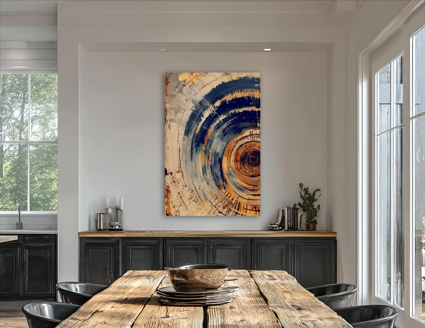 a modern dining room with a large abstract painting hanging on the wall above a wooden dining table. The table is set with plates and bowls, and there are several potted plants and vases placed around the room.