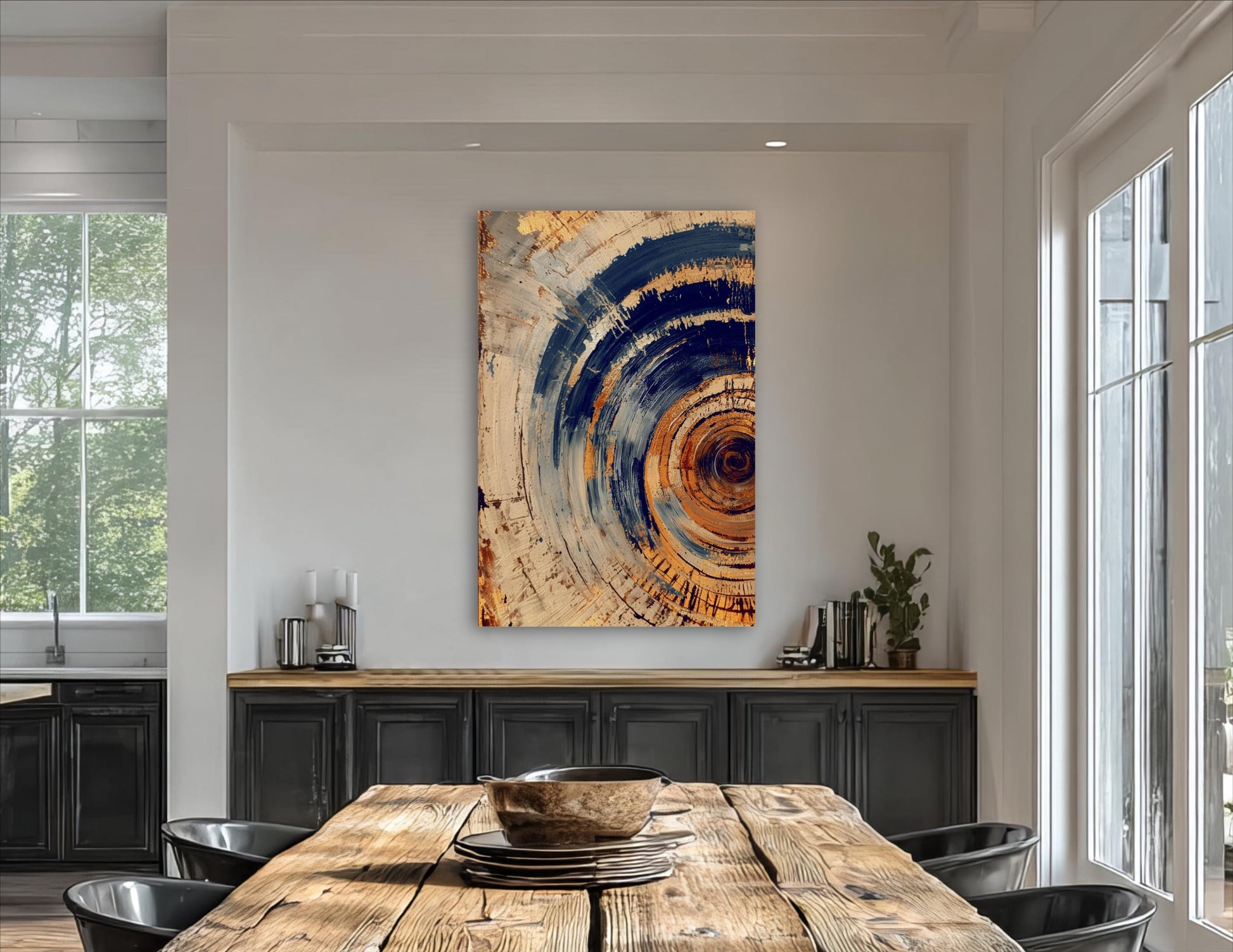 a modern dining room with a large abstract painting hanging on the wall above a wooden dining table. The table is set with plates and bowls, and there are several potted plants and vases placed around the room.