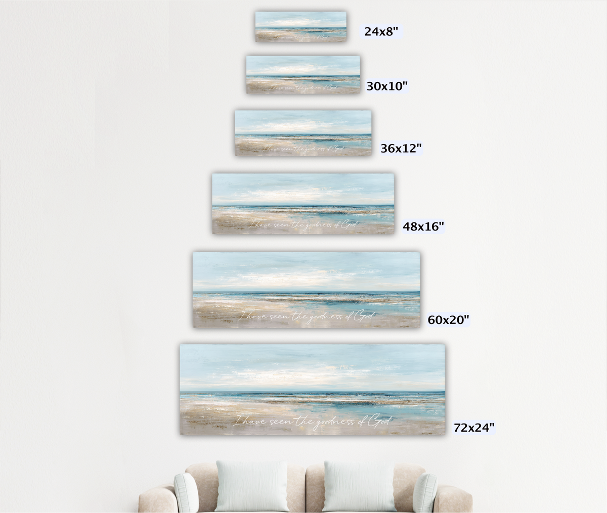 A series of five landscape paintings depicting various beach scenes, each with a different size and frame.