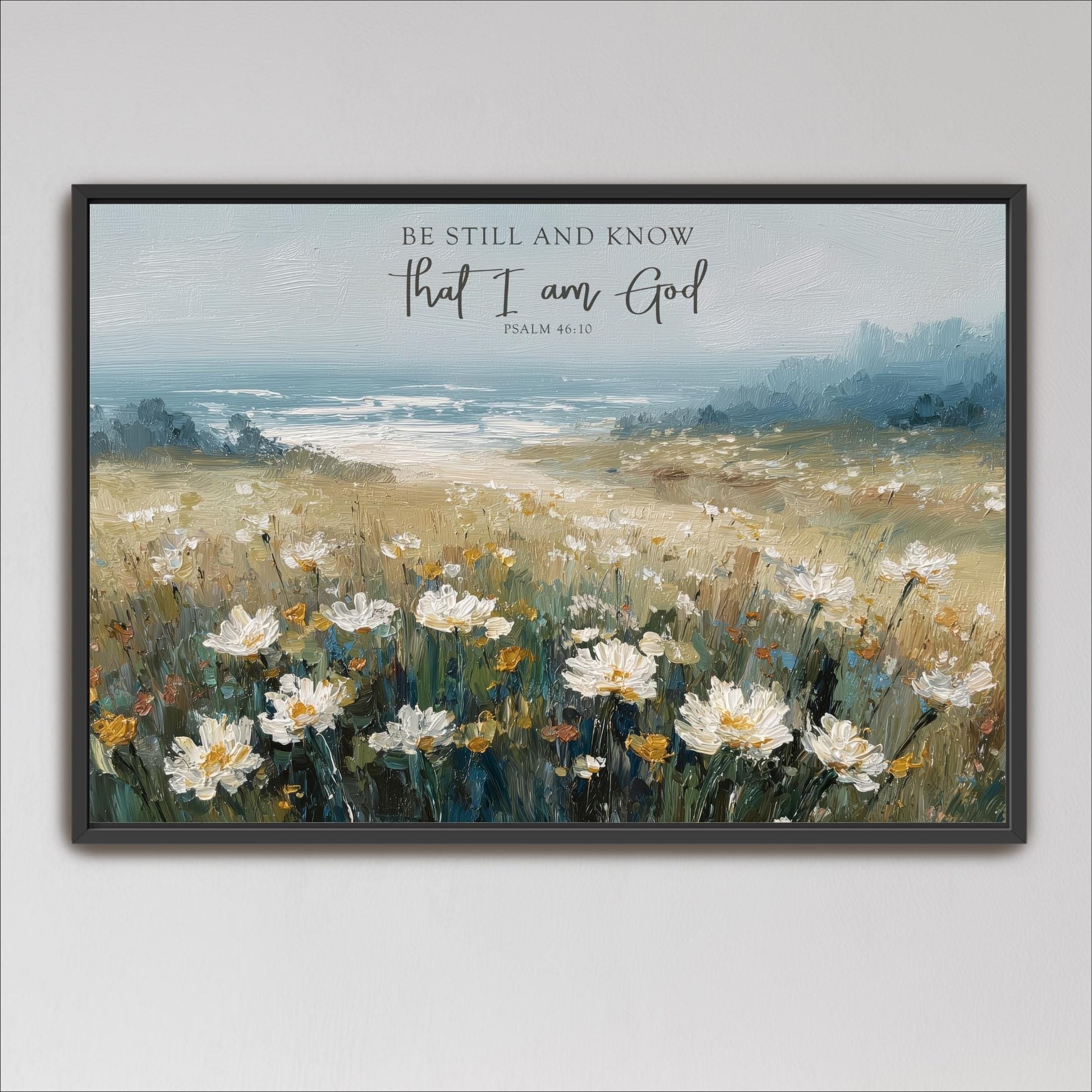 The image is a framed painting depicting a field of white flowers against a backdrop of a blue sky and a body of water.