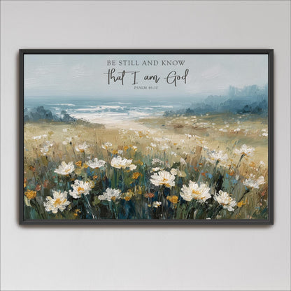 The image is a framed painting depicting a field of white flowers against a backdrop of a blue sky and a body of water.