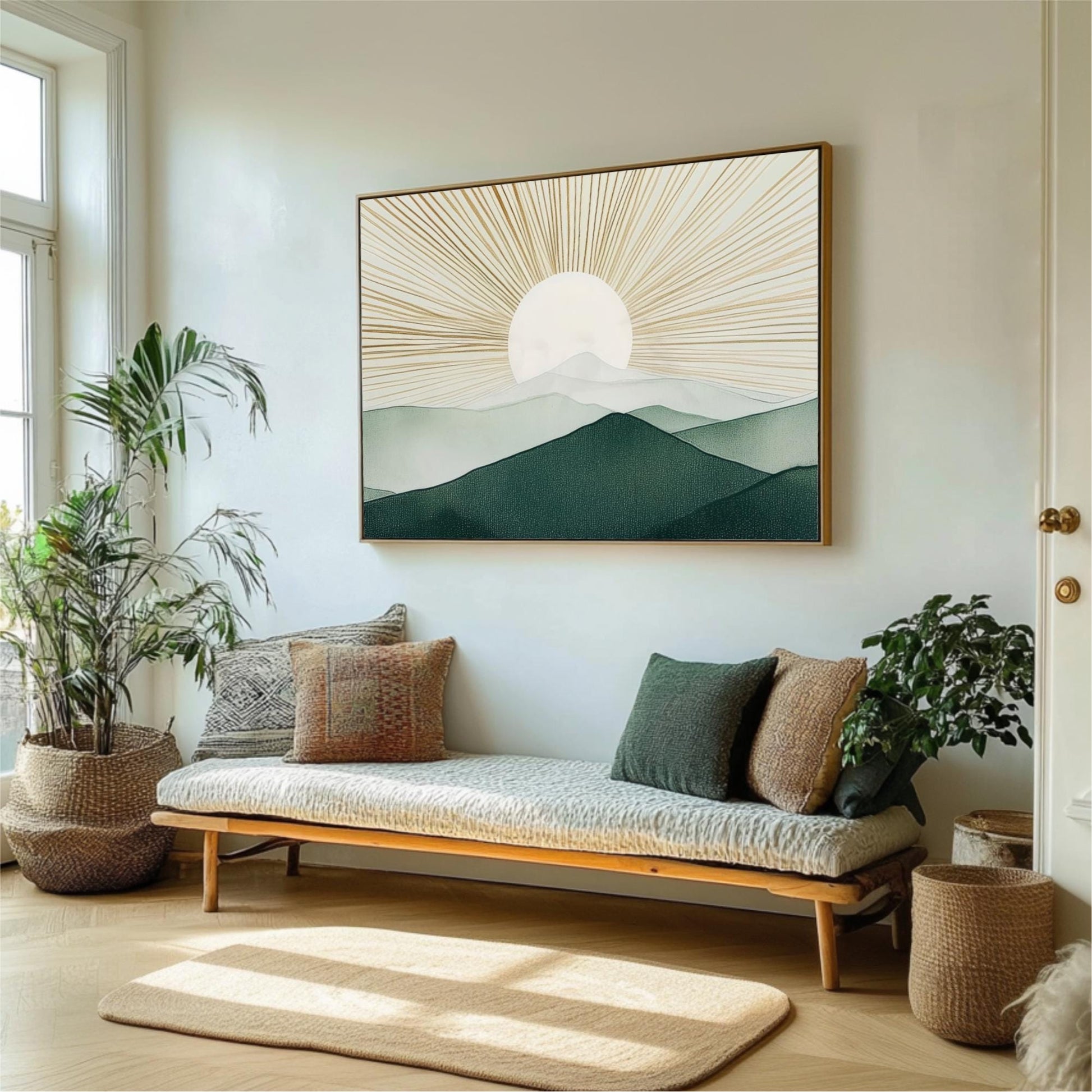 a living room with a large framed artwork depicting a sun-like design on the wall, surrounded by various decorative elements such as potted plants, throw pillows, and a rug.