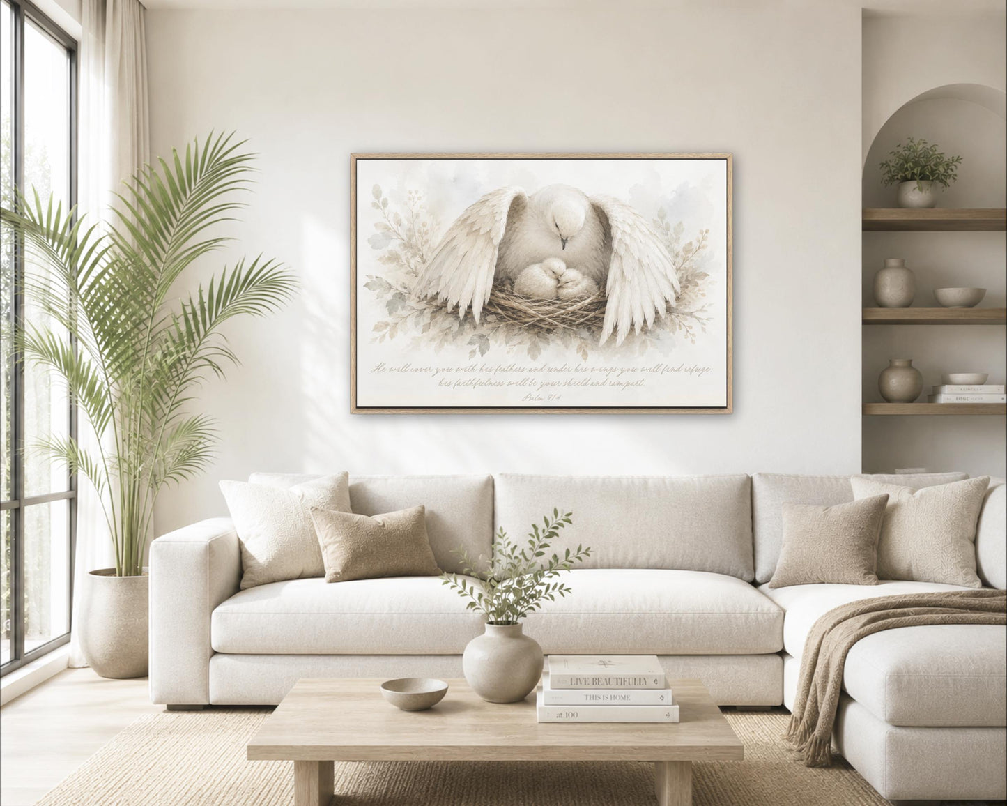 a serene living room with a large white sofa, a wooden coffee table, and a framed painting of a bird resting in a nest. The painting is hung on the wall above the sofa, creating a harmonious and peaceful atmosphere in the room.
