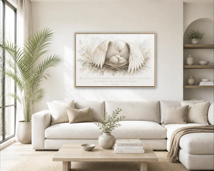 a serene living room with a large white sofa, a wooden coffee table, and a framed painting of a bird resting in a nest. The painting is hung on the wall above the sofa, creating a harmonious and peaceful atmosphere in the room.