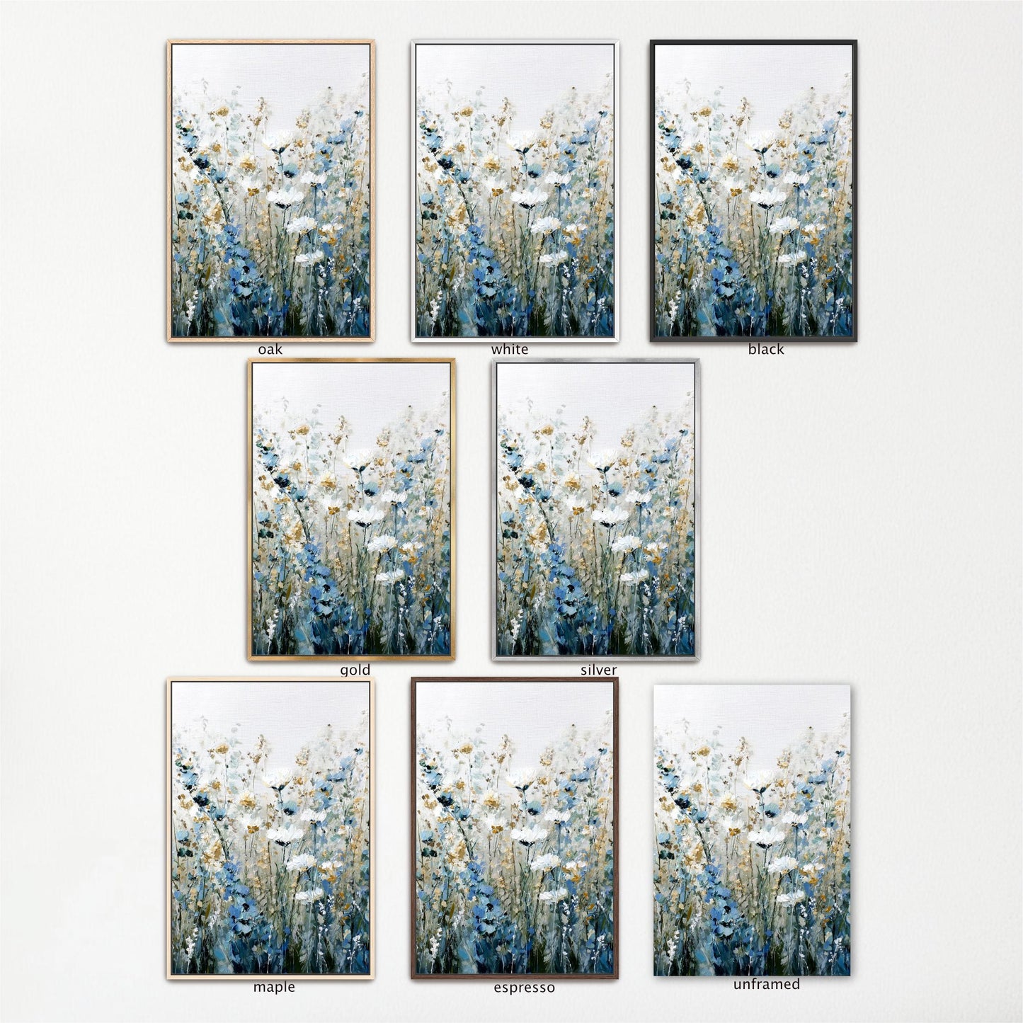a collection of nine framed pictures, each featuring a different floral design. The pictures are arranged in a grid format, with three rows and three columns. The frames have varying colors and styles, creating a visually appealing display.