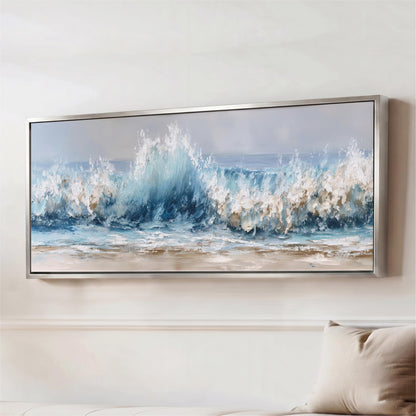A large framed painting depicting a dramatic ocean scene with crashing waves and a cloudy sky.