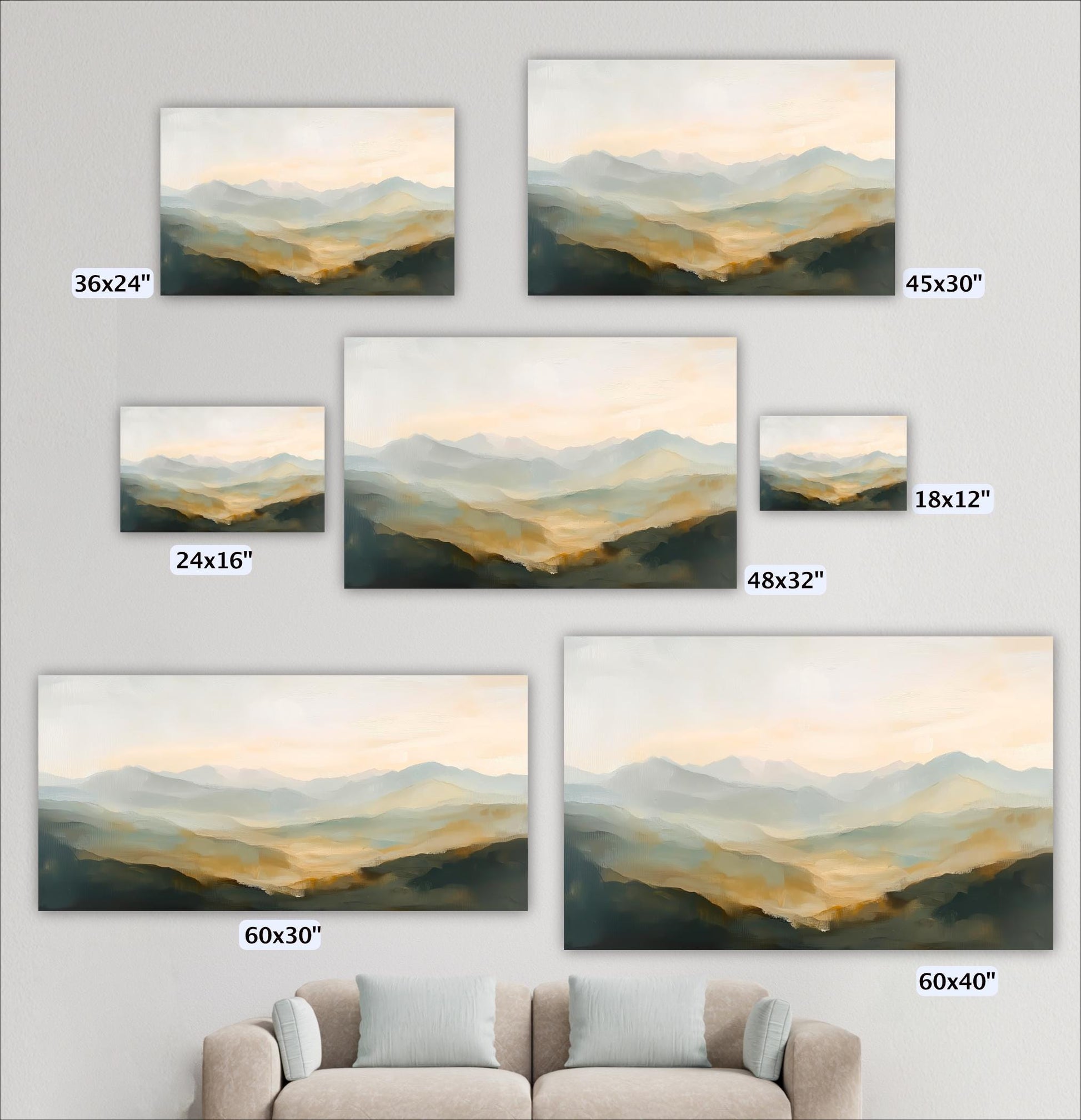 a collection of landscape paintings or photographs depicting mountains and hills, each with a different size and frame. The paintings are arranged on a wall, and there is a couch in the foreground.