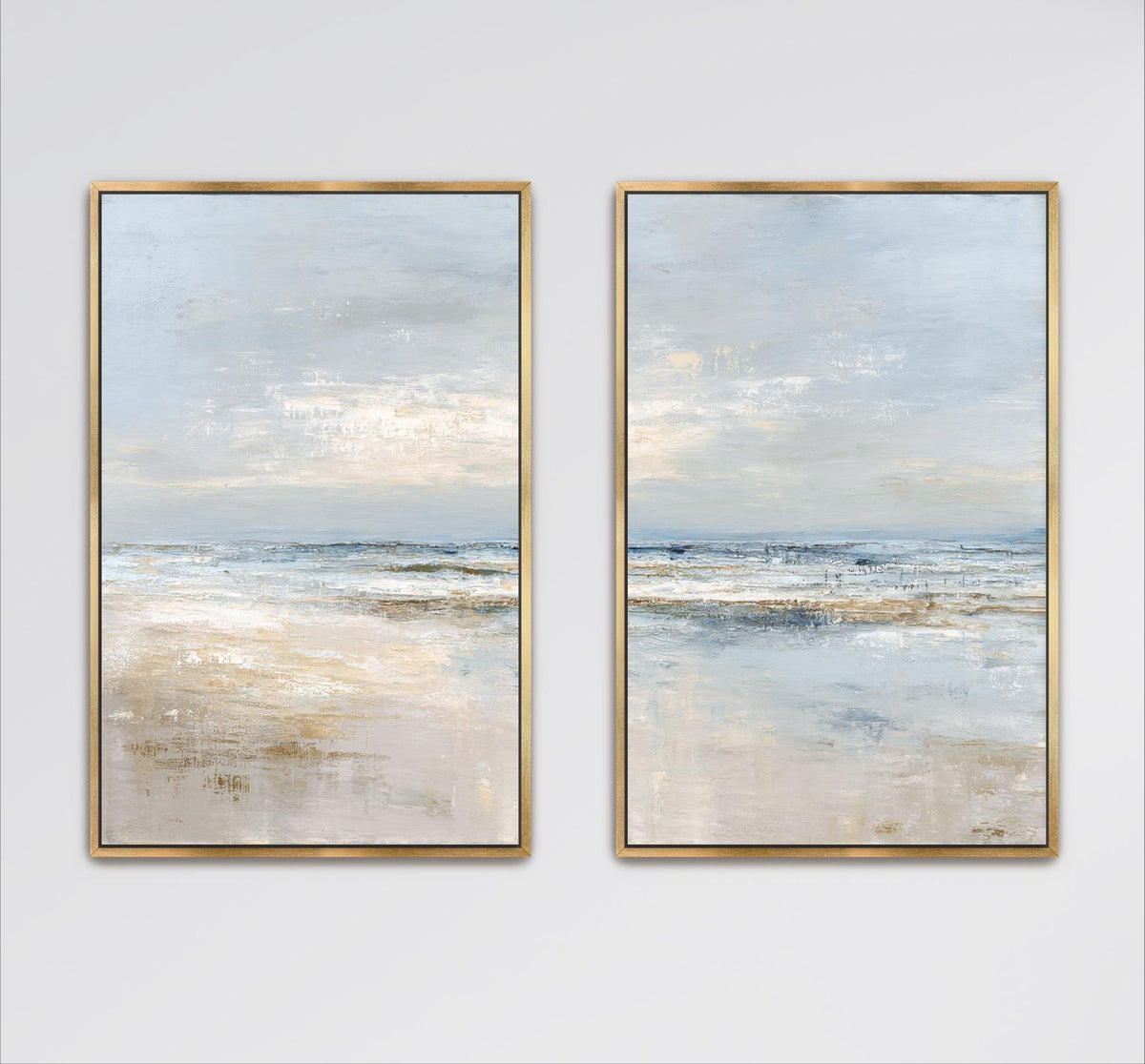 two identical paintings of a serene landscape, featuring a calm body of water and a cloudy sky.