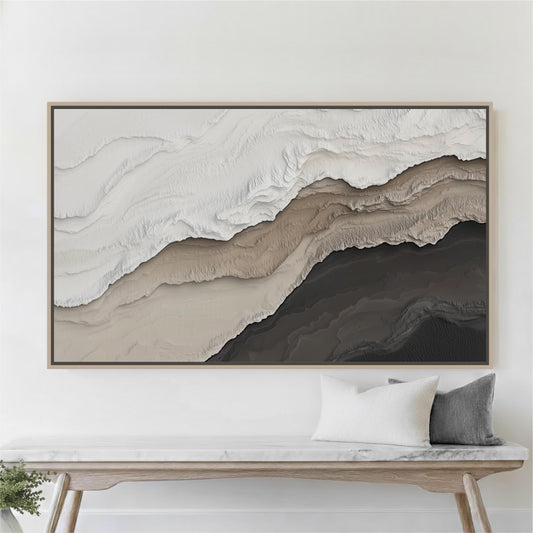a large abstract painting hanging on a white wall above a wooden bench with two pillows.