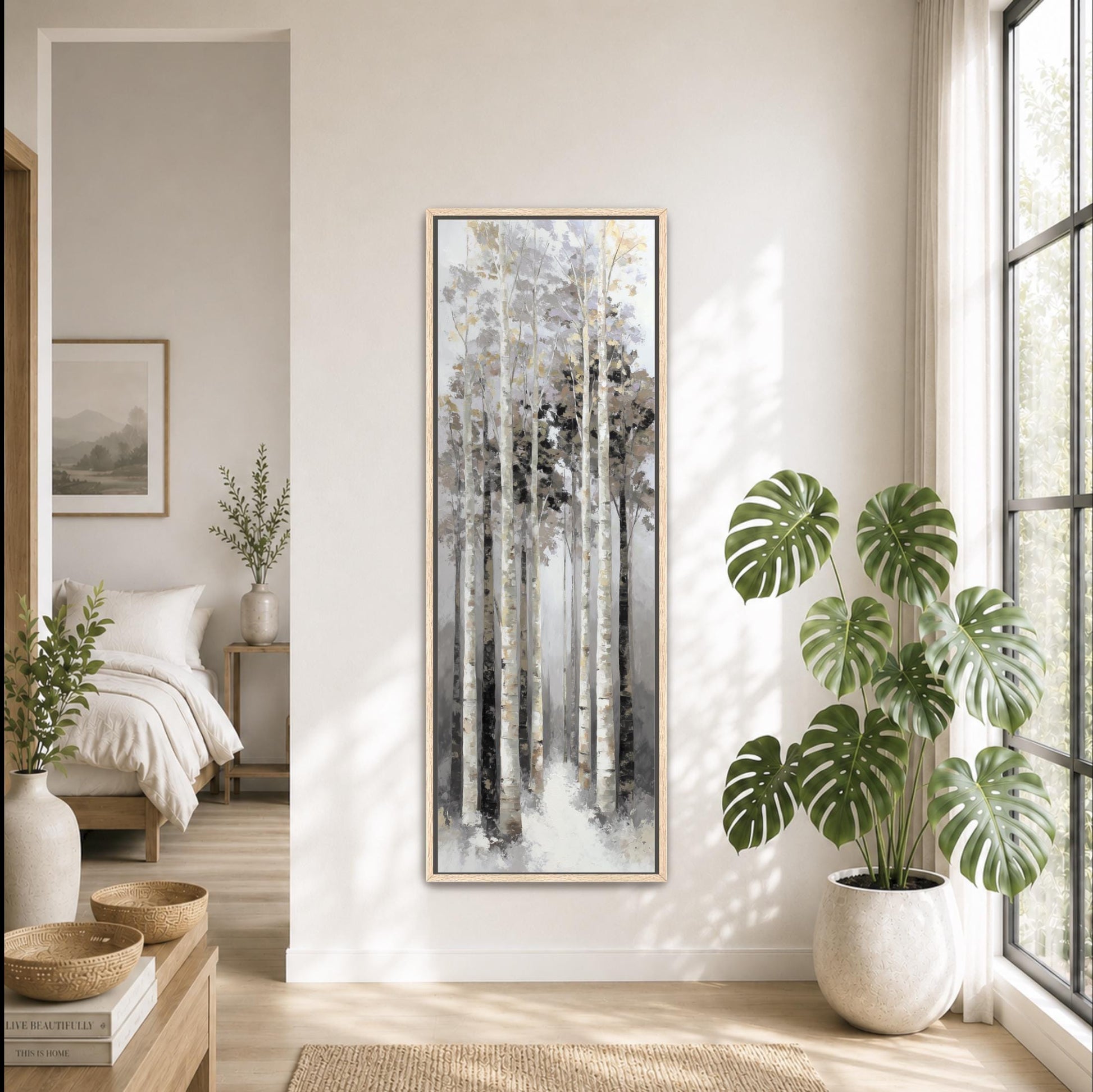 a serene and modern bedroom with a large painting of a forest scene hanging on the wall. The room is decorated with various plants, including a large monstera plant in a white pot, and a bed with white linens. The overall atmosphere of the room is calm and tranquil, with natural elements and a minimalist design.