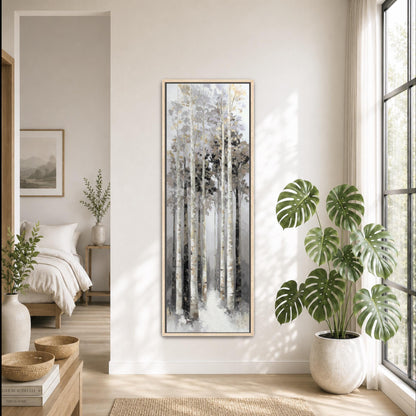 a serene and modern bedroom with a large painting of a forest scene hanging on the wall. The room is decorated with various plants, including a large monstera plant in a white pot, and a bed with white linens. The overall atmosphere of the room is calm and tranquil, with natural elements and a minimalist design.