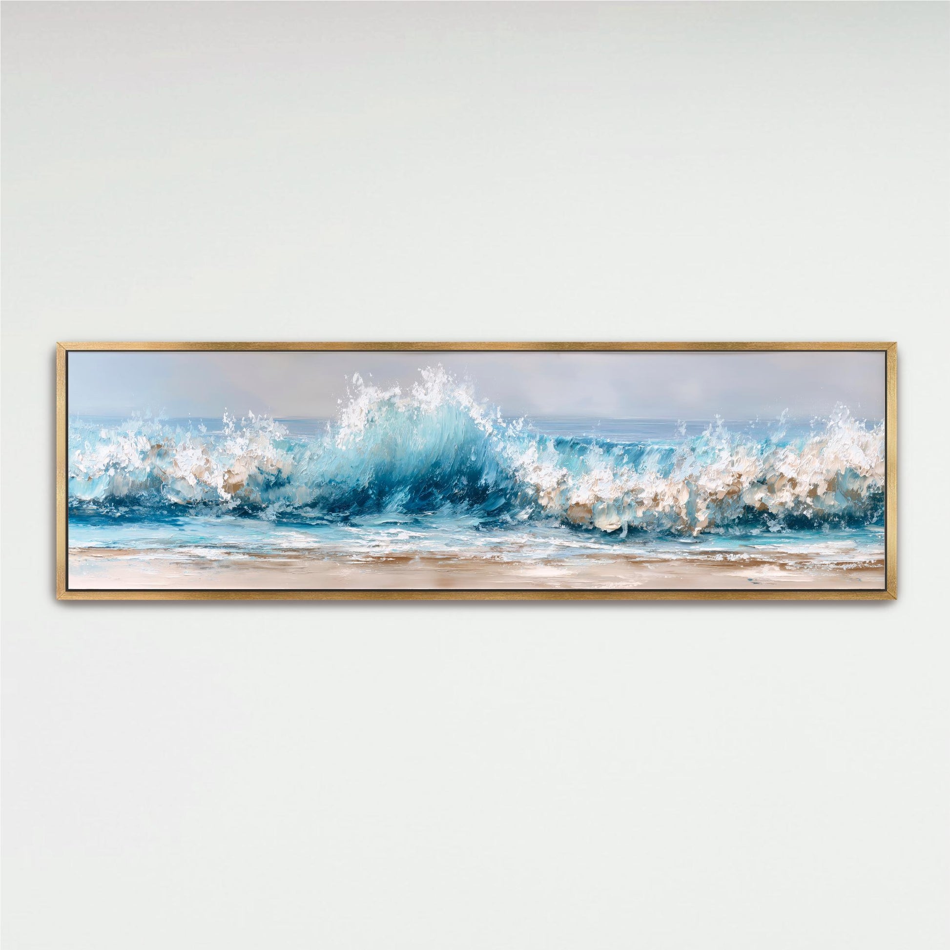A framed painting depicting a large, crashing wave with white foam on the surface, set against a light blue sky.