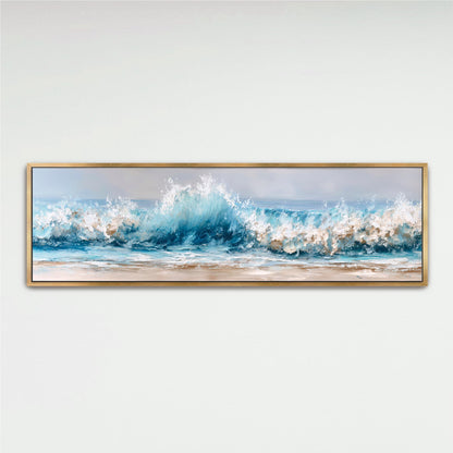 A framed painting depicting a large, crashing wave with white foam on the surface, set against a light blue sky.