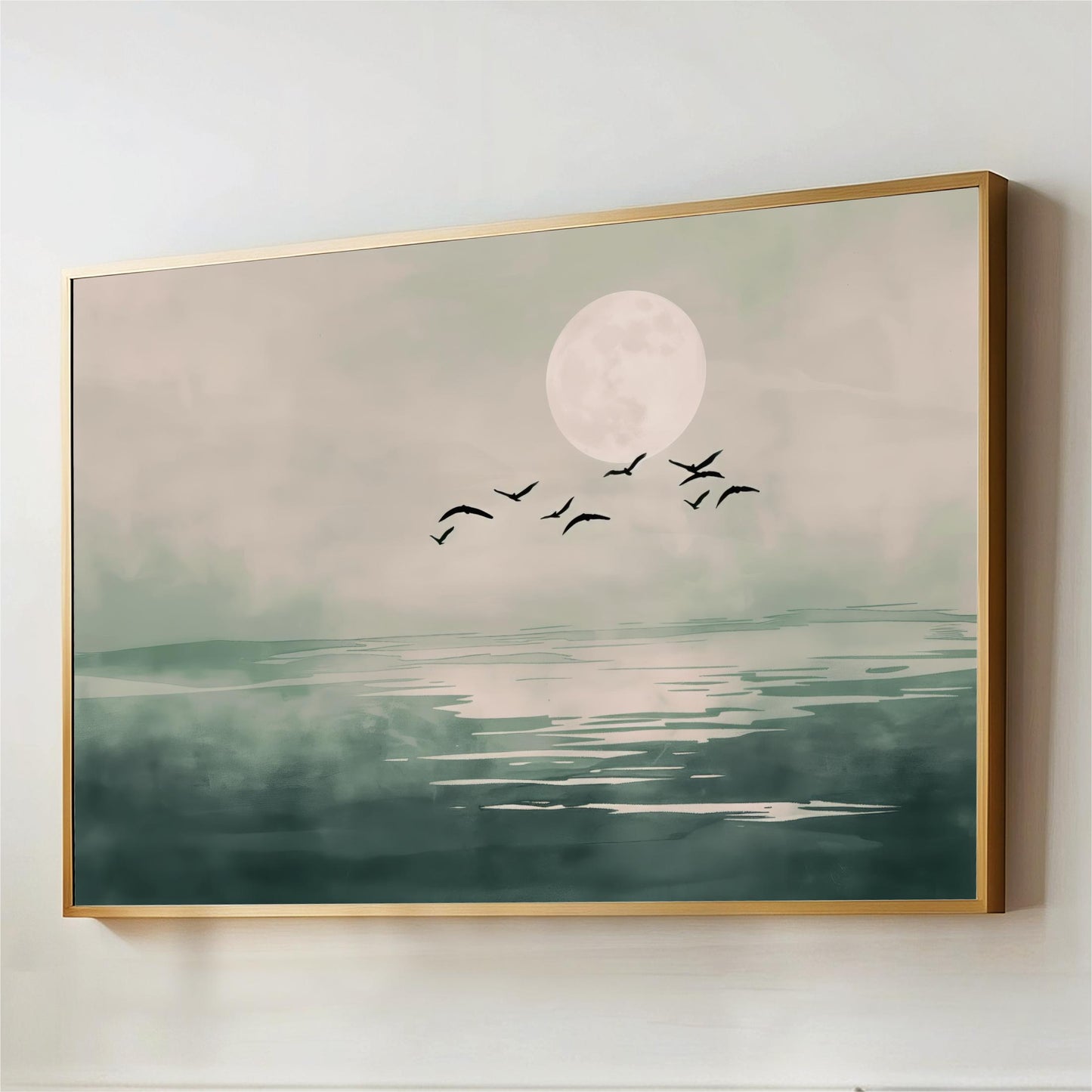 feng shui art, japandi wall art, Japanese painting, flock of birds Sage Green full Moon ocean seascape, Japandi Canvas Wall Art, Framed Flock of Birds Print, Japanese Sun Art, Large Living Room Decor, landscape Oriental Artwork