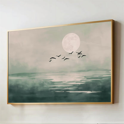 feng shui art, japandi wall art, Japanese painting, flock of birds Sage Green full Moon ocean seascape, Japandi Canvas Wall Art, Framed Flock of Birds Print, Japanese Sun Art, Large Living Room Decor, landscape Oriental Artwork