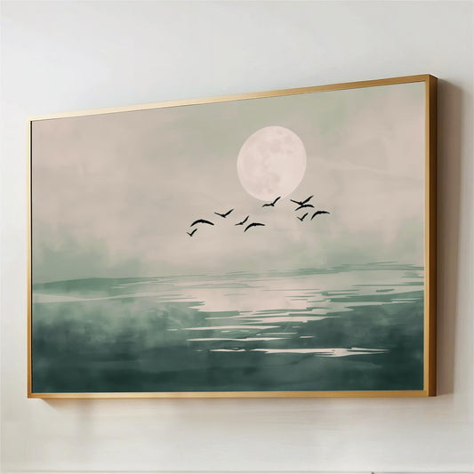 feng shui art, japandi wall art, Japanese painting, flock of birds Sage Green full Moon ocean seascape, Japandi Canvas Wall Art, Framed Flock of Birds Print, Japanese Sun Art, Large Living Room Decor, landscape Oriental Artwork