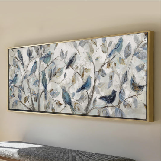 Blue Bird Wall on tree branches Art Large, Wide Framed Canvas Abstract Songbird Nature Artwork, Neutral Botanical Decor, Cottagecore Print Over the Bed