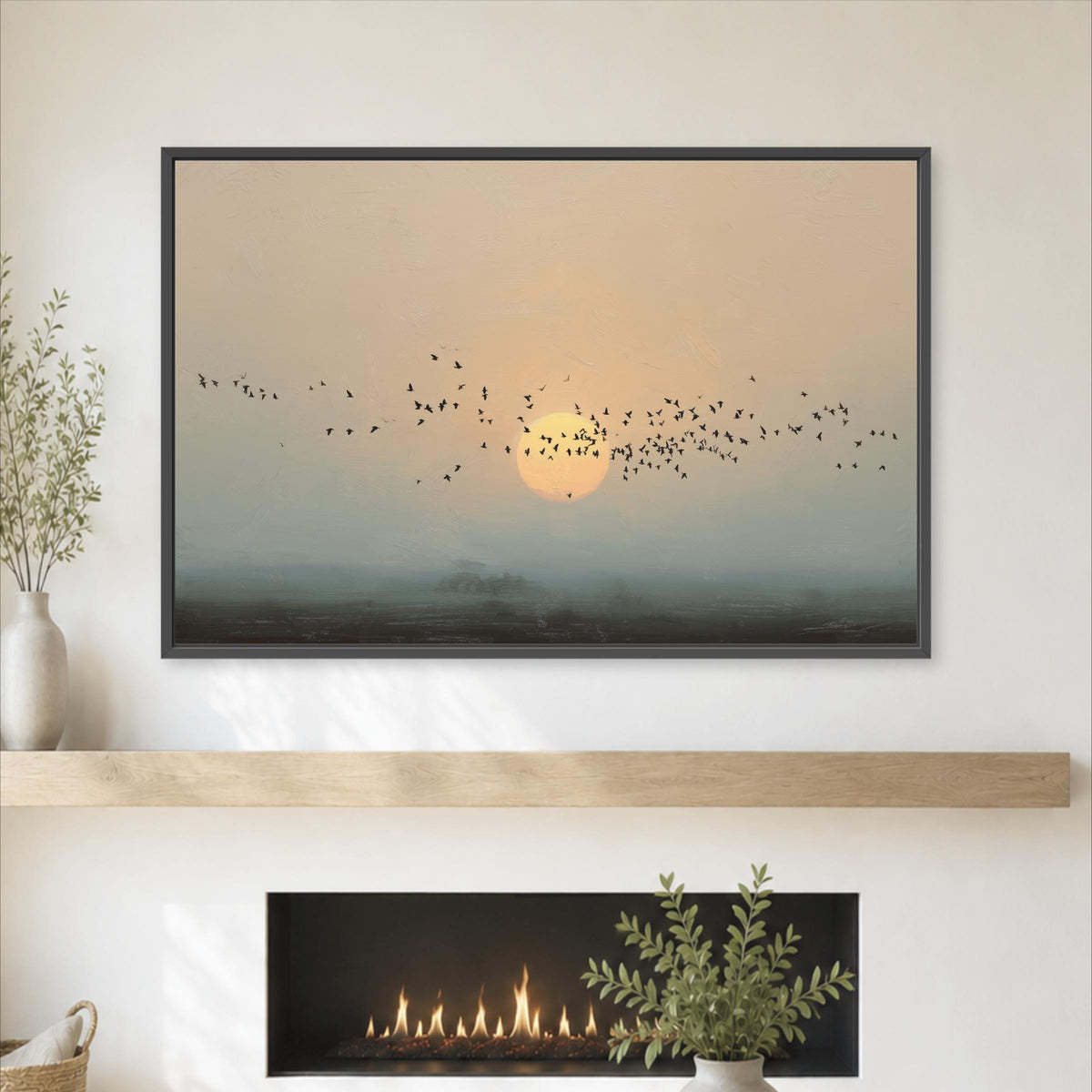 a framed painting of a flock of birds flying over a sunrise or sunset landscape, with a warm glow illuminating the scene.