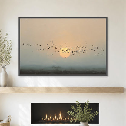 a framed painting of a flock of birds flying over a sunrise or sunset landscape, with a warm glow illuminating the scene.