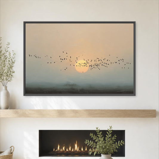 a framed painting of a flock of birds flying over a sunrise or sunset landscape, with a warm glow illuminating the scene.