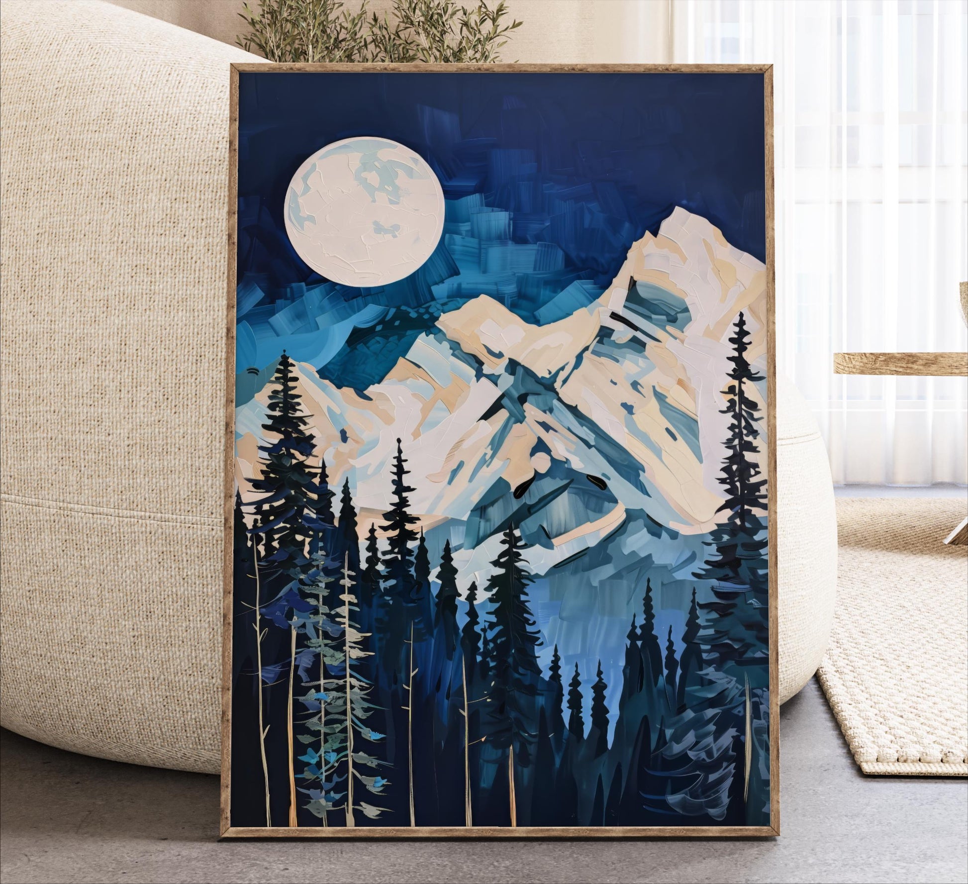 Full Moon Mountains Night Indigo Blue Art, Large Framed Abstract, Modern Minimalist Canvas Print Artwork Colorful Nature Bedroom Living Room