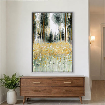 a large painting of a field of flowers hanging on a wall above a wooden dresser.