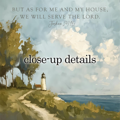 a lighthouse on a cliff overlooking the ocean, with a serene landscape and a cloudy sky in the background.