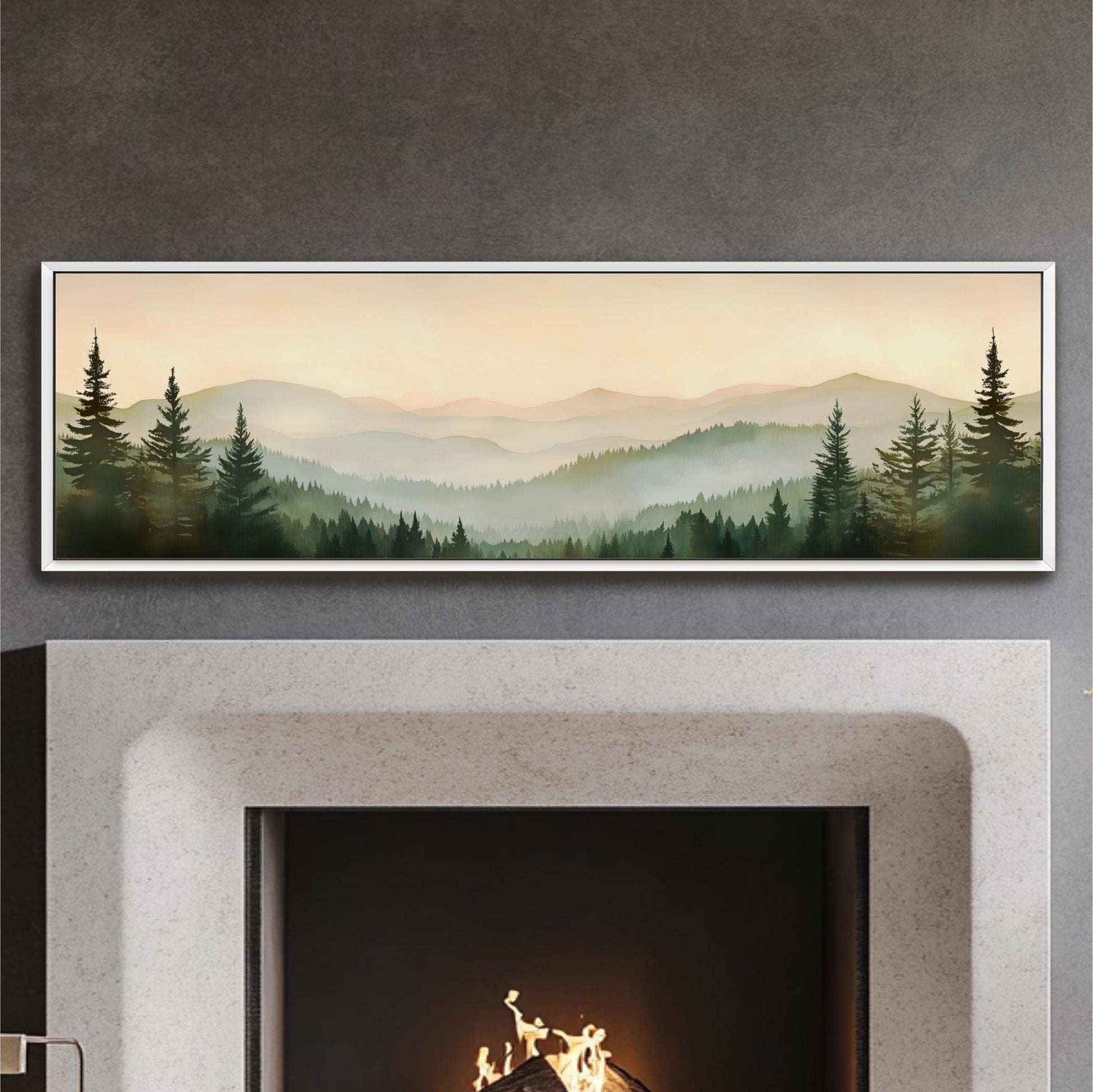 a fireplace with a warm fire burning inside, surrounded by a forest scene with pine trees and mountains in the background.