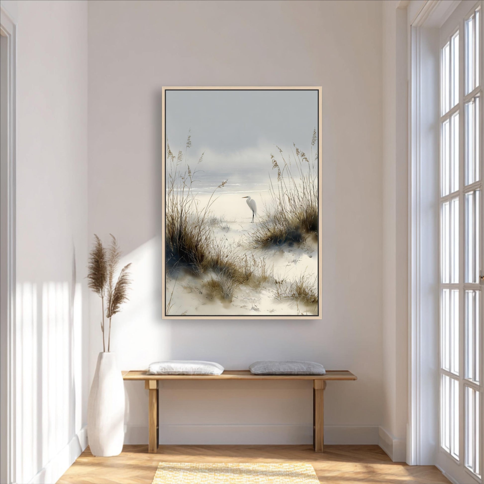 White Egret Coastal Wall Art Print, Neutral Beach Landscape, Marsh Grass Painting, Serene Seaside Decor, Coastal Farmhouse Artwork, Minimalist Nature Print
