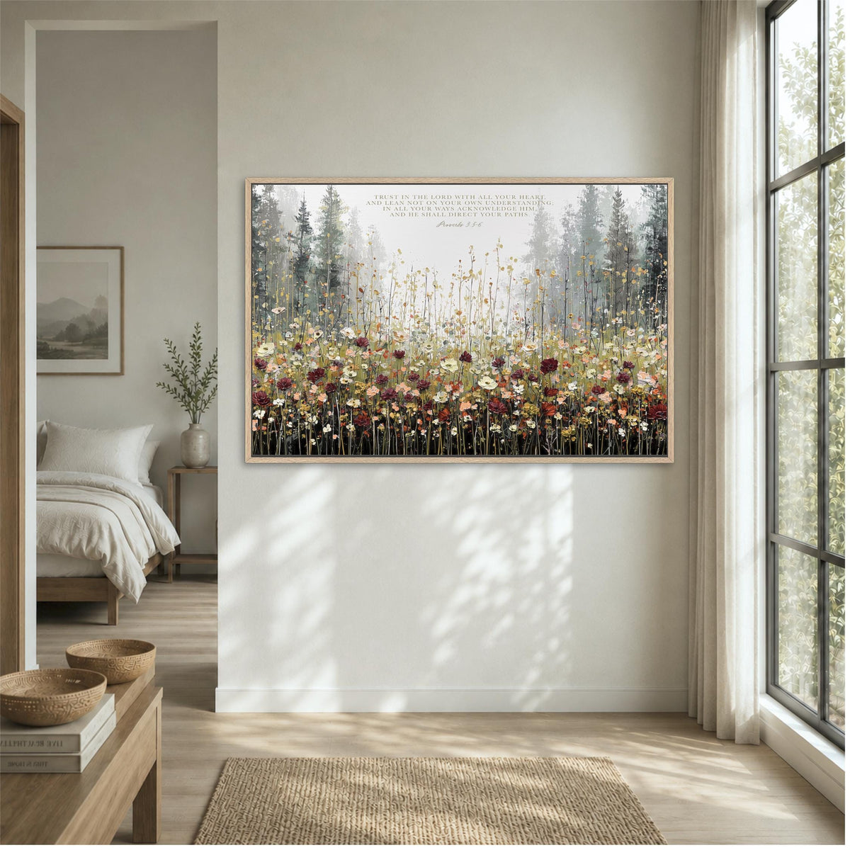 a large, framed painting of a field of flowers hanging on a wall in a bedroom.