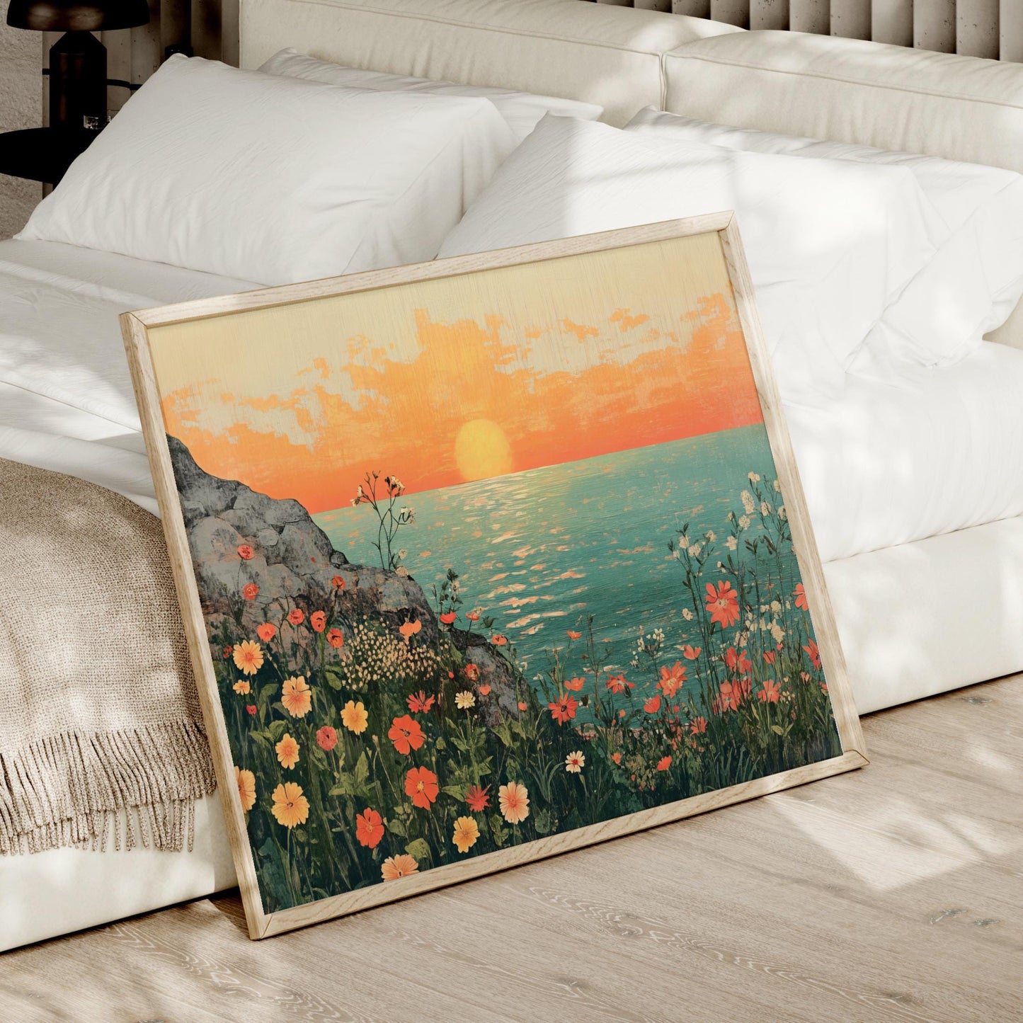 a painting of a sunset over a bed with pillows