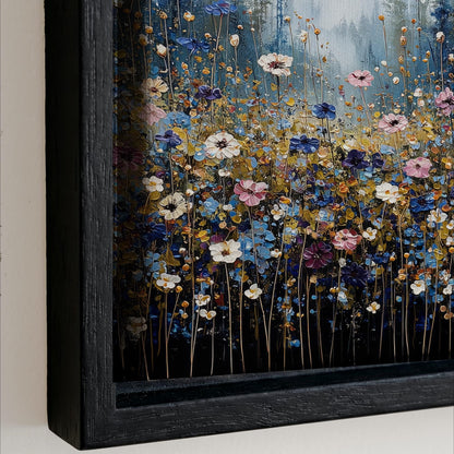 The image is a framed painting depicting a vibrant field of colorful flowers, including pink, white, blue, and purple blooms.