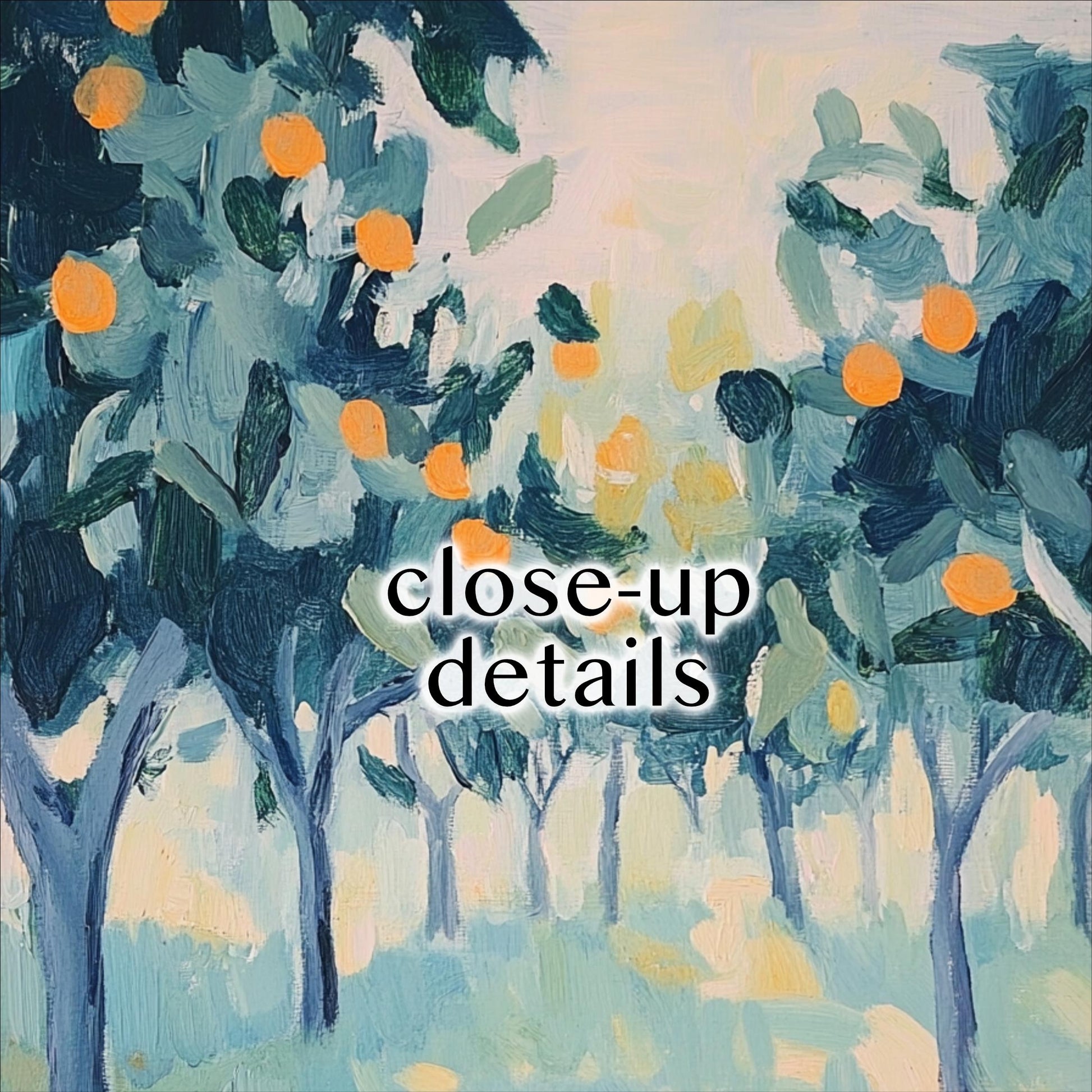 The image is an abstract painting featuring a vibrant scene of trees with orange fruits. The painting is a close-up of the details, showcasing the artist's skill and the intricate textures and colors used in the artwork.