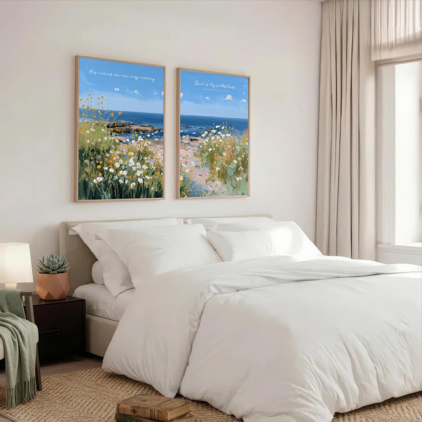 a serene bedroom scene with a large bed, white bedding, and a framed painting of a beach landscape above it.