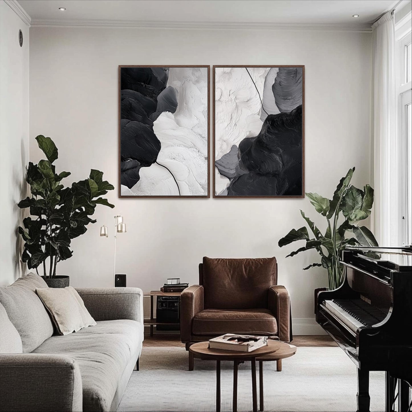 a modern living room with a gray sofa, a brown leather armchair, and a grand piano. The room is decorated with two large abstract paintings on the wall, and there are several potted plants adding a touch of greenery to the space.