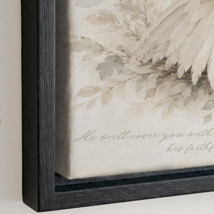 The image is a framed artwork featuring a close-up of a leafy branch with a bird perched on it. The text "He will cover you with his faith" is visible, likely providing a biblical or spiritual message.