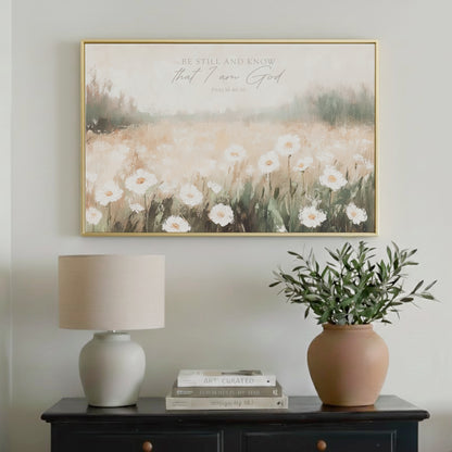 a framed painting of a field of white flowers hanging on a wall above a black dresser with a lamp and a potted plant.