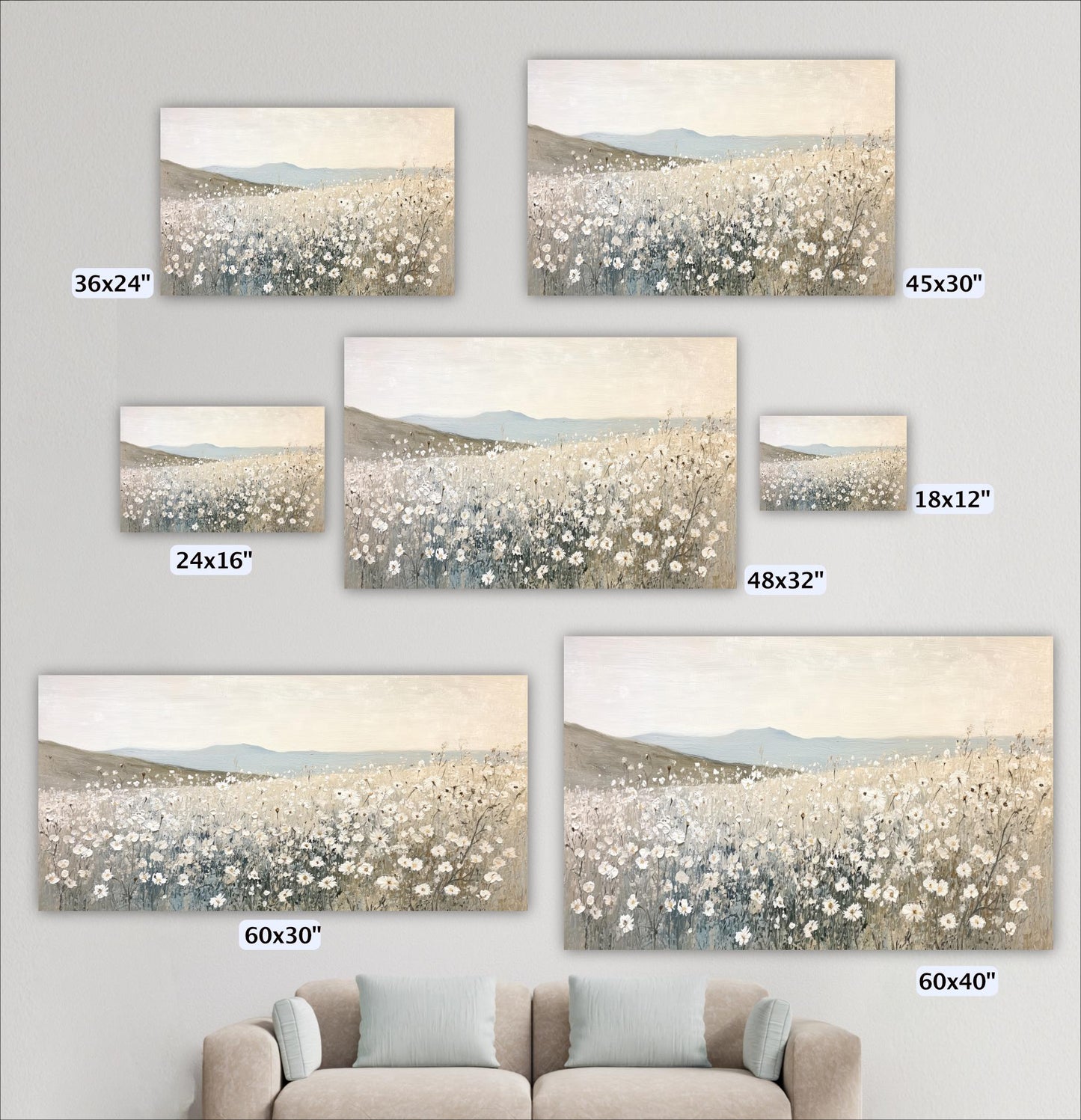 a collection of six landscape paintings, each depicting a field of flowers. The paintings vary in size, ranging from 36x24" to 48x32". The paintings are arranged on a wall, with a couch in the foreground.