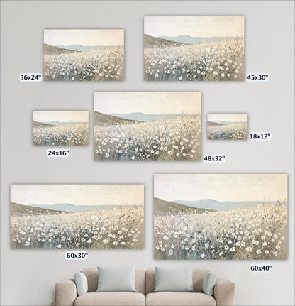 a collection of six landscape paintings, each depicting a field of flowers. The paintings vary in size, ranging from 36x24" to 48x32". The paintings are arranged on a wall, with a couch in the foreground.