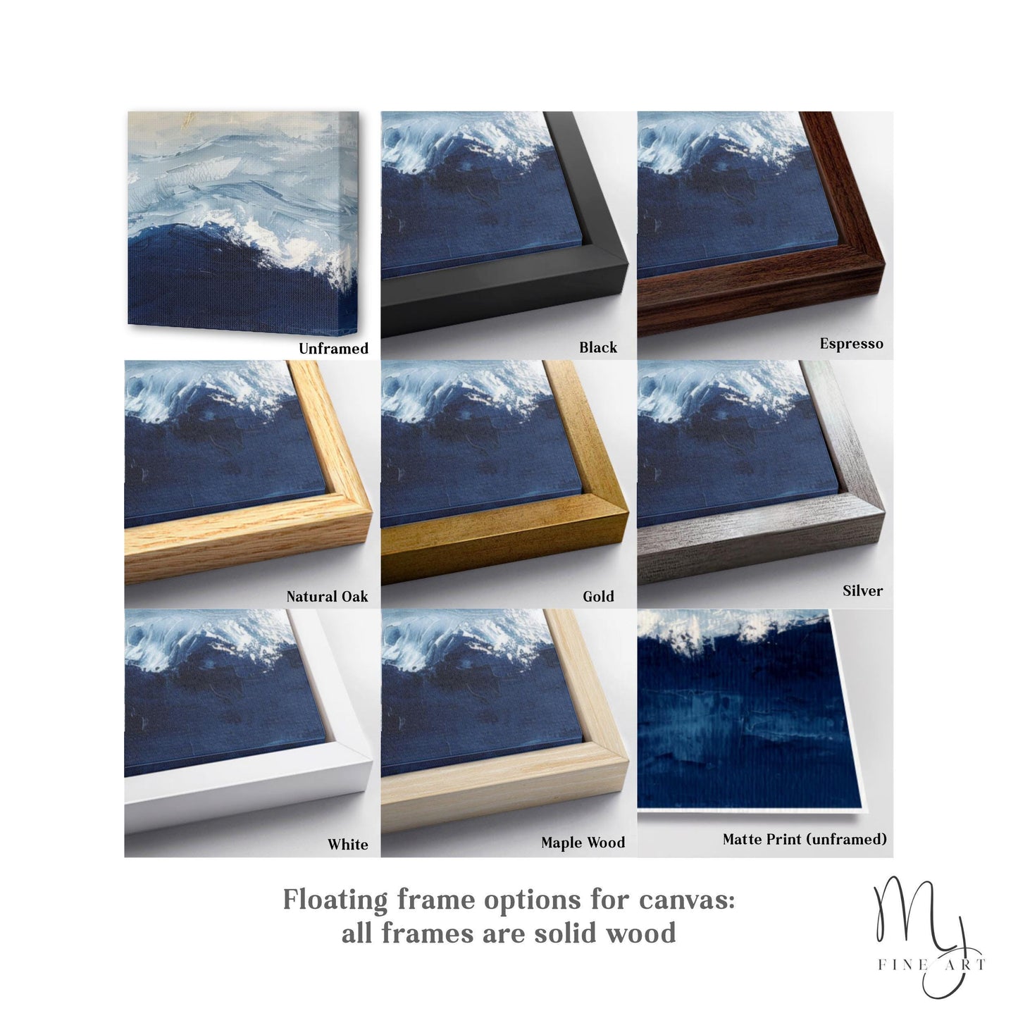 various floating frame options for a canvas, including Unframed, Black, Espresso, Natural Oak, Gold, Silver, White, Maple Wood, and Matte Print (unframed). All frames are made of solid wood.