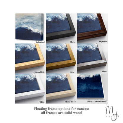various floating frame options for a canvas, including Unframed, Black, Espresso, Natural Oak, Gold, Silver, White, Maple Wood, and Matte Print (unframed). All frames are made of solid wood.