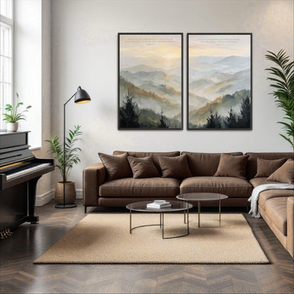 a cozy living room with a brown leather sofa, a glass coffee table, and a piano. The room is decorated with two large landscape paintings on the wall, and there are several potted plants and a vase adding to the warm and inviting atmosphere.