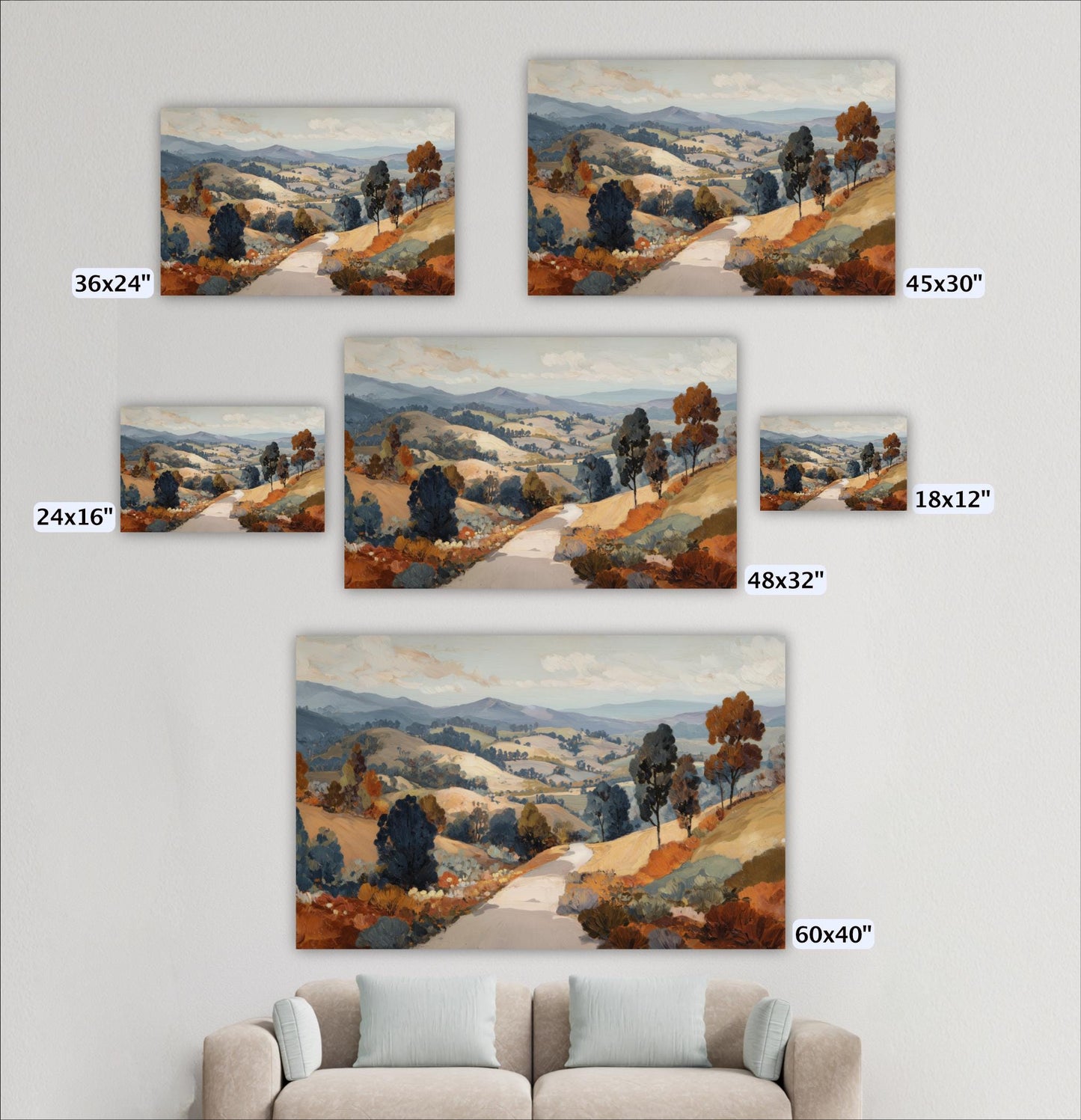 a collection of five landscape paintings arranged on a wall, each depicting a different scenic countryside scene.