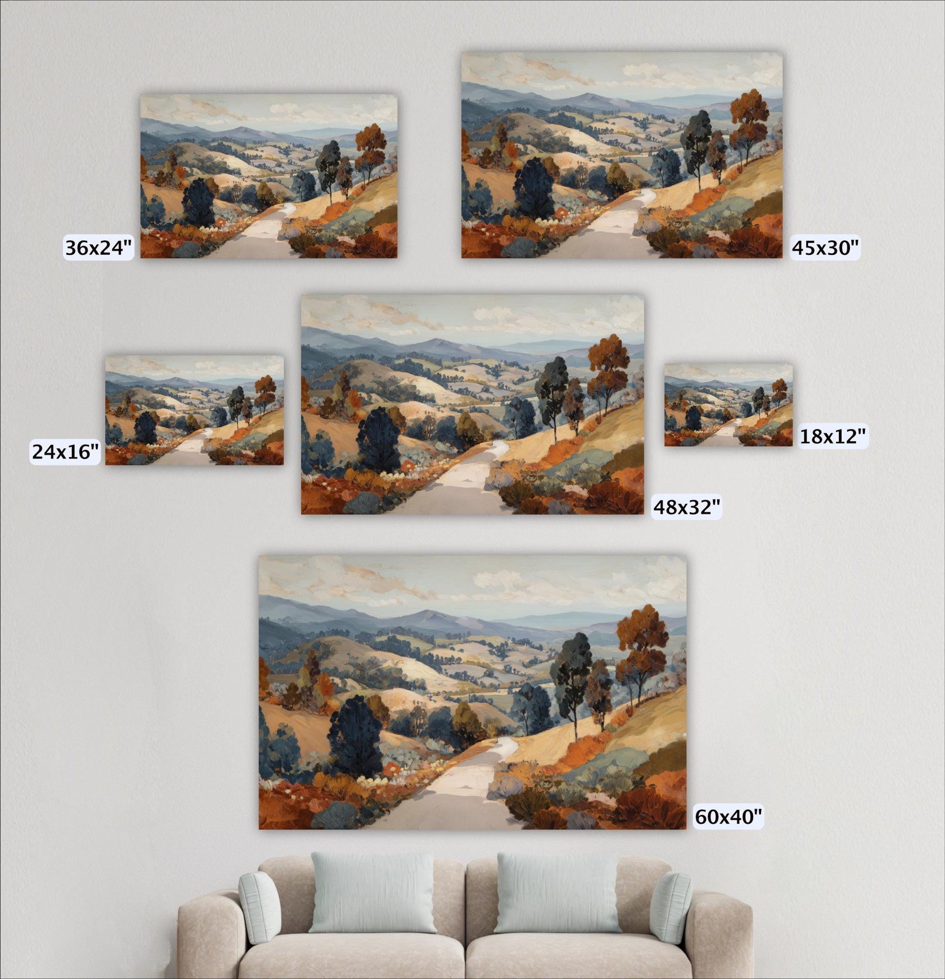 a collection of five landscape paintings arranged on a wall, each depicting a different scenic countryside scene.