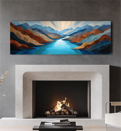 a fireplace with a fire burning inside, and a large landscape painting hanging above it on the wall.