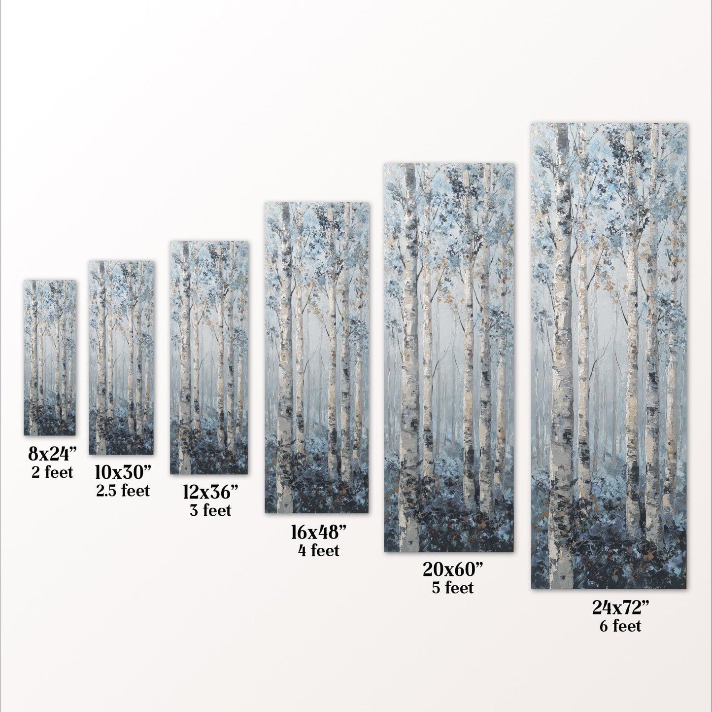 a series of paintings or prints of a forest scene, each varying in size and framing. The paintings are arranged in a row, with the largest one being 20'x60" and the smallest one being 8'x24" and 2' feet. The sizes range from 8'x24" to 20'x60" and 2' to 5' feet, providing a visual representation of the different frame sizes.