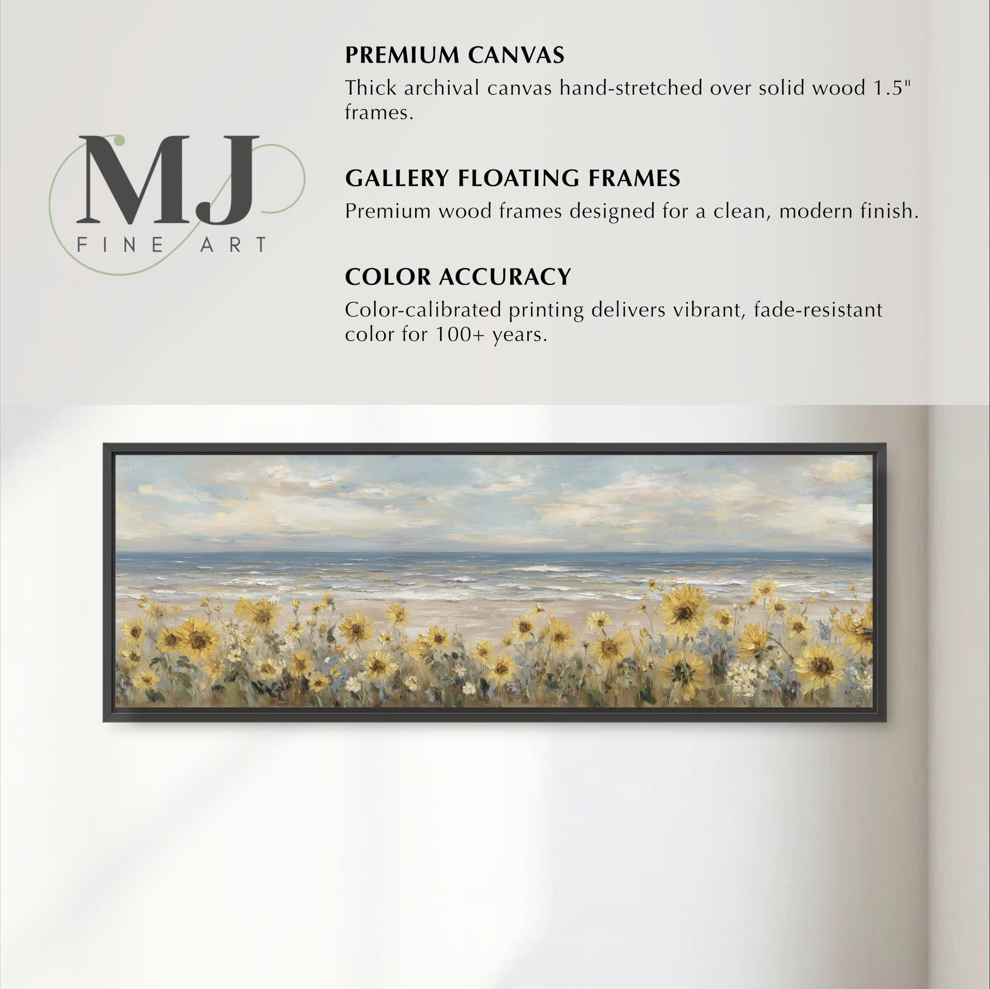 The image is a framed artwork depicting a serene landscape with a field of yellow flowers and a body of water in the background.