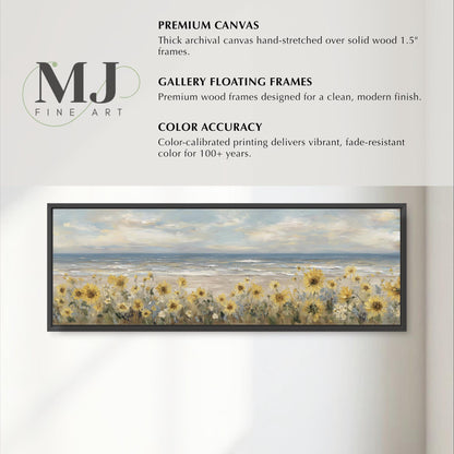 The image is a framed artwork depicting a serene landscape with a field of yellow flowers and a body of water in the background.